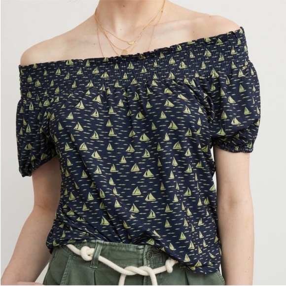 Anthropologie Porridge Printed Bow Back Top Navy Blue Green New Small Sail Boats - Picture 4 of 8